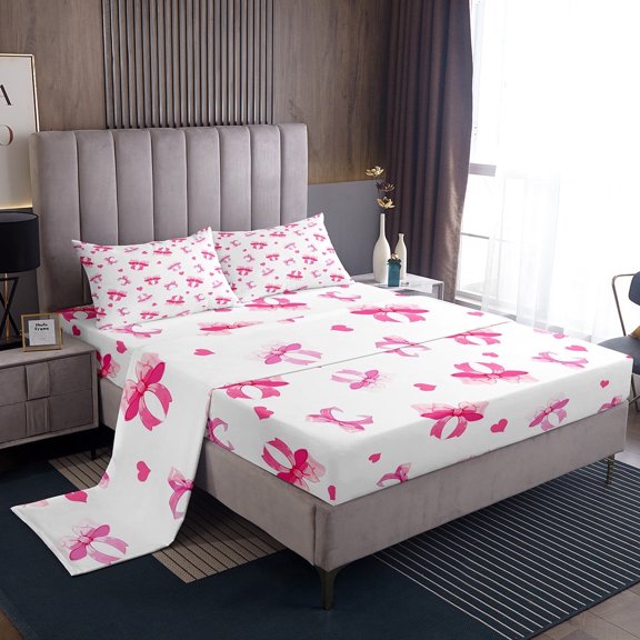 Erosebridal Cute Bow Tie Sheet Set Twin,Bowknot Love Heart Bedding Sets Twin Size,Cartoon Kawaii Twin Sheet Sets,Super Cozy Bow Bedroom Decoration,3pcs