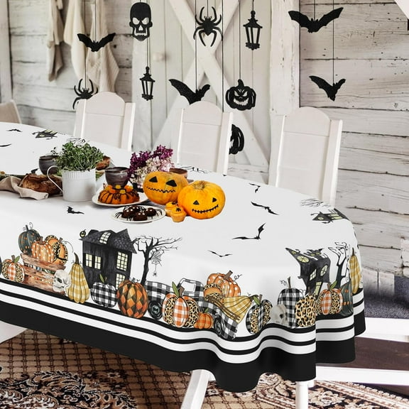 Oval Halloween Tablecloth 60x120 Inch,Horror Pumpkin Castle Skull Oval Tablecloth,Polyester Waterproof Wrinkle-resistant and Durable Tablecloth,Suitable for Halloween,Party,Kitchen and Home Decor