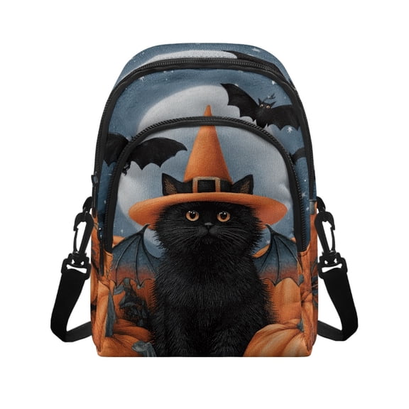 CHAQLIN Cat Halloween Bat Sling Bag for Travel Traveling, Zipper Crossbody Bag Polyester Adjustable Strap Small Crossbody Wallet