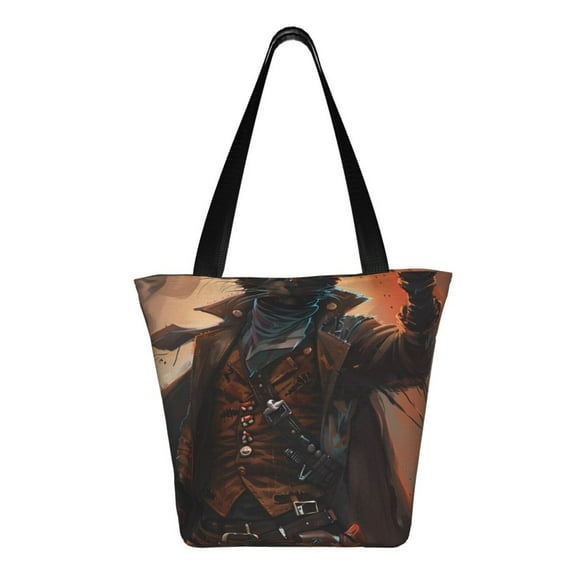 Uemuo Steampunk Cowboy Cat Print Tote Bags for Women,Large Capacity Corduroy Bag,Reusable Grocery Shoulder Bag,Beach Tote with Zipper Closure, Daily Essentials