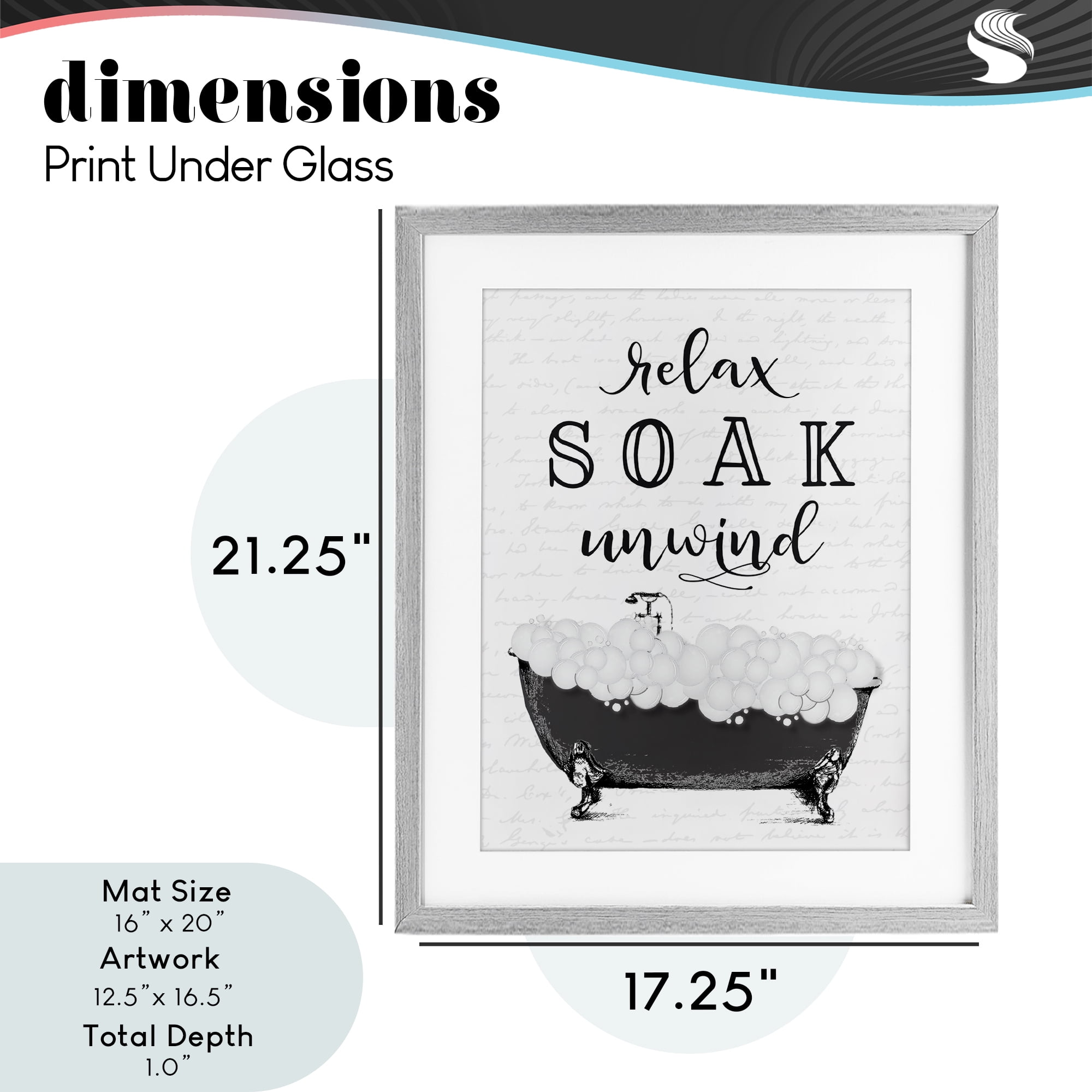 Soak Unwind Bubble Bath Gray Framed Print Under Glass, design by Lettered and Lined