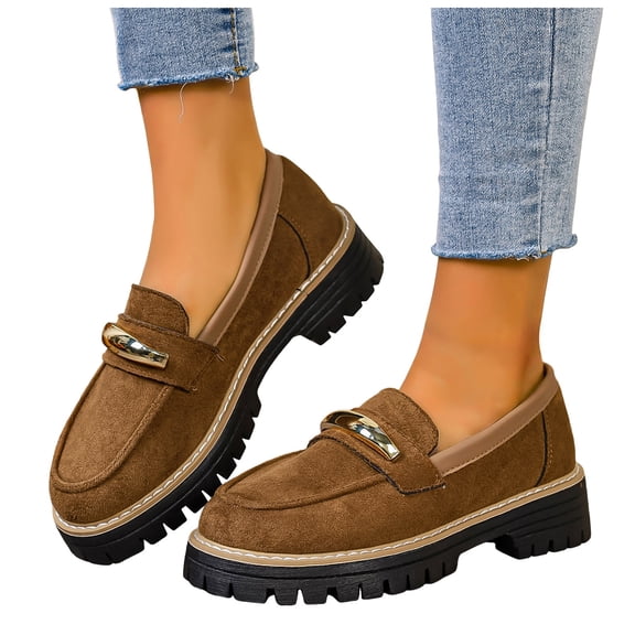 Women's Slip On Platform Suede Loafers Lug Sole Chunky Heels Comfortable Non Slip Business Casual Dress Shoes Brown Size 8.5
