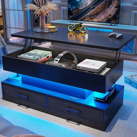 40" Lift Top Coffee Table with Storage&LED Lights, Living Room Coffee Table with 2 Fabric Drawers for Dining Room, Black