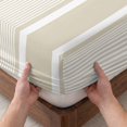 thumbnail image 3 of Full Size Fitted Sheet Set - Beige Stripe 3 Piece Bedding Sets 16" Deep Pocket Fitted Sheet with 2 Pillowcases, Cream Striped Modern Minimalist Geometric Lines Brushed Microfiber Hotel Bed Sheets, 3 of 9