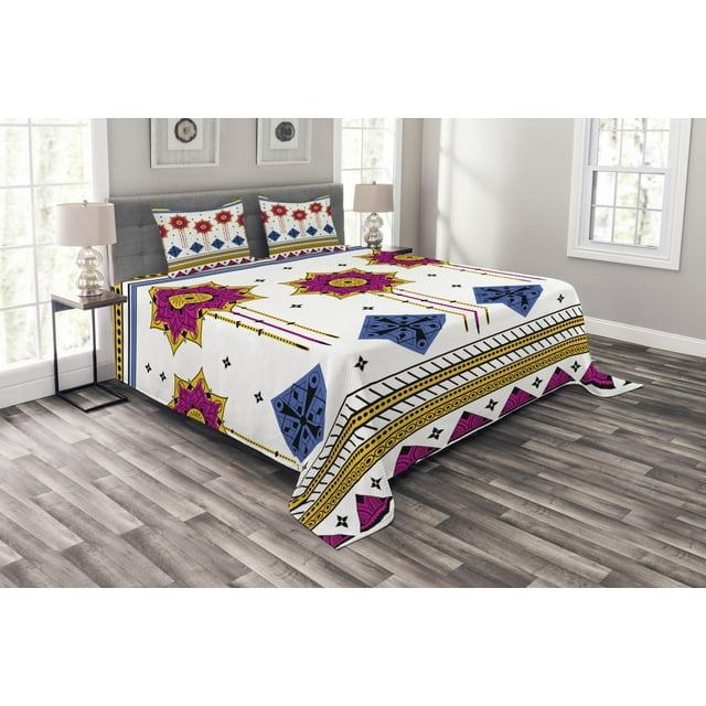 Tribal Bedspread Set Queen Size, Colored Vector Seamless Pattern with