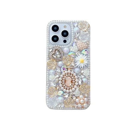 Decase case For iPhone 7 / 8 / SE 2022 & 2020,3D Luxury Handmade Girls Phone Case Pearl Pendant Sparkle Shinning Flower Rhinestone Crystal Diamond Cover Case, silver