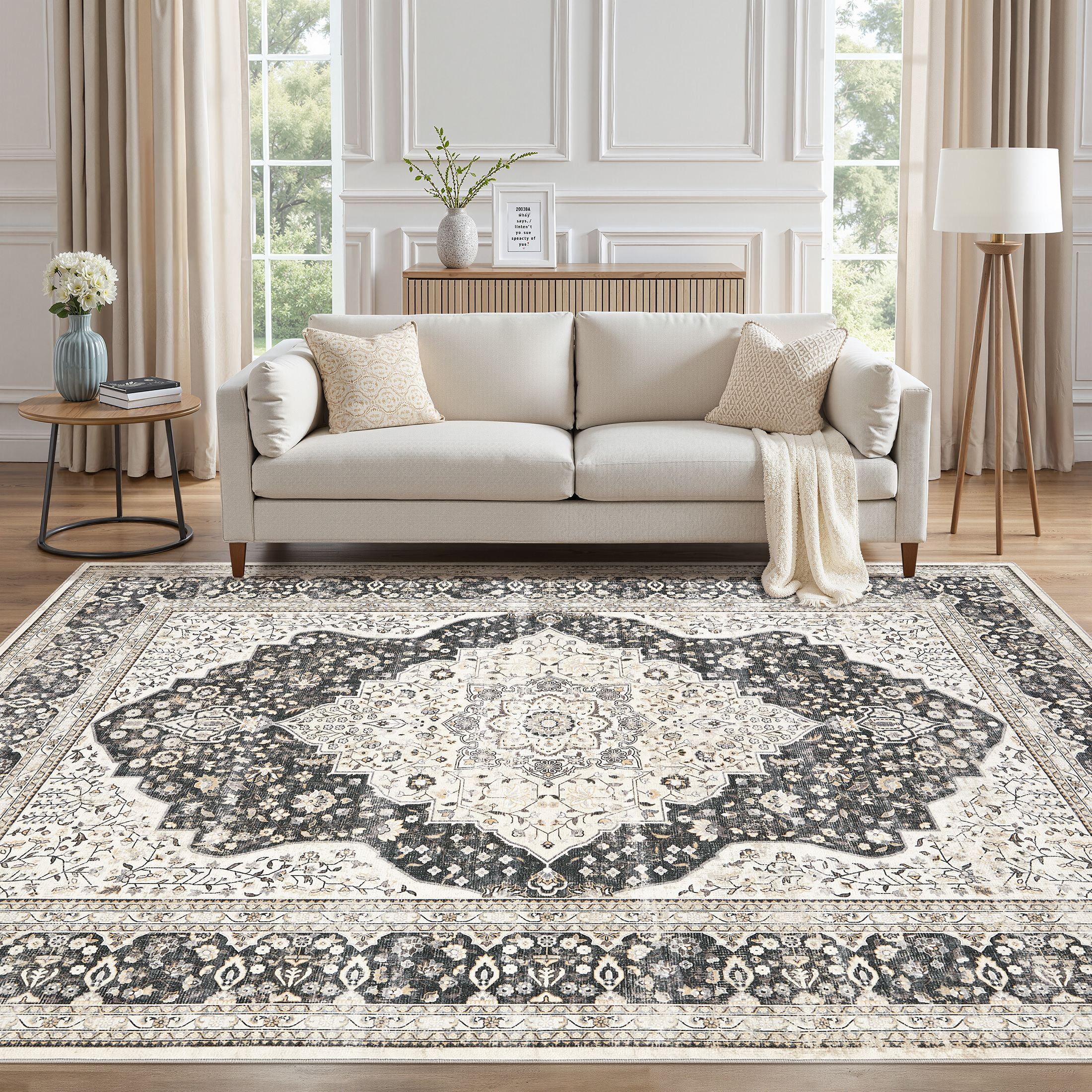 UERMEI 10'x14' Washable Area Rugs for Living Room, Vintage Floral Boho Printed Carpet, Non Slip Indoor Rug for Bedroom Home Decor Carpets - Black