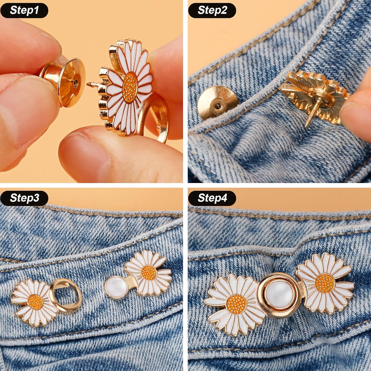 Pant Waist Tightener, Detachable Jean Buttons for Loose Jeans, No Sew and No Tools Button Pins for Jeans, Adjustable Jean Buttons Pins, Daisy Flower Instant Pants Button Tightener 4 Sets