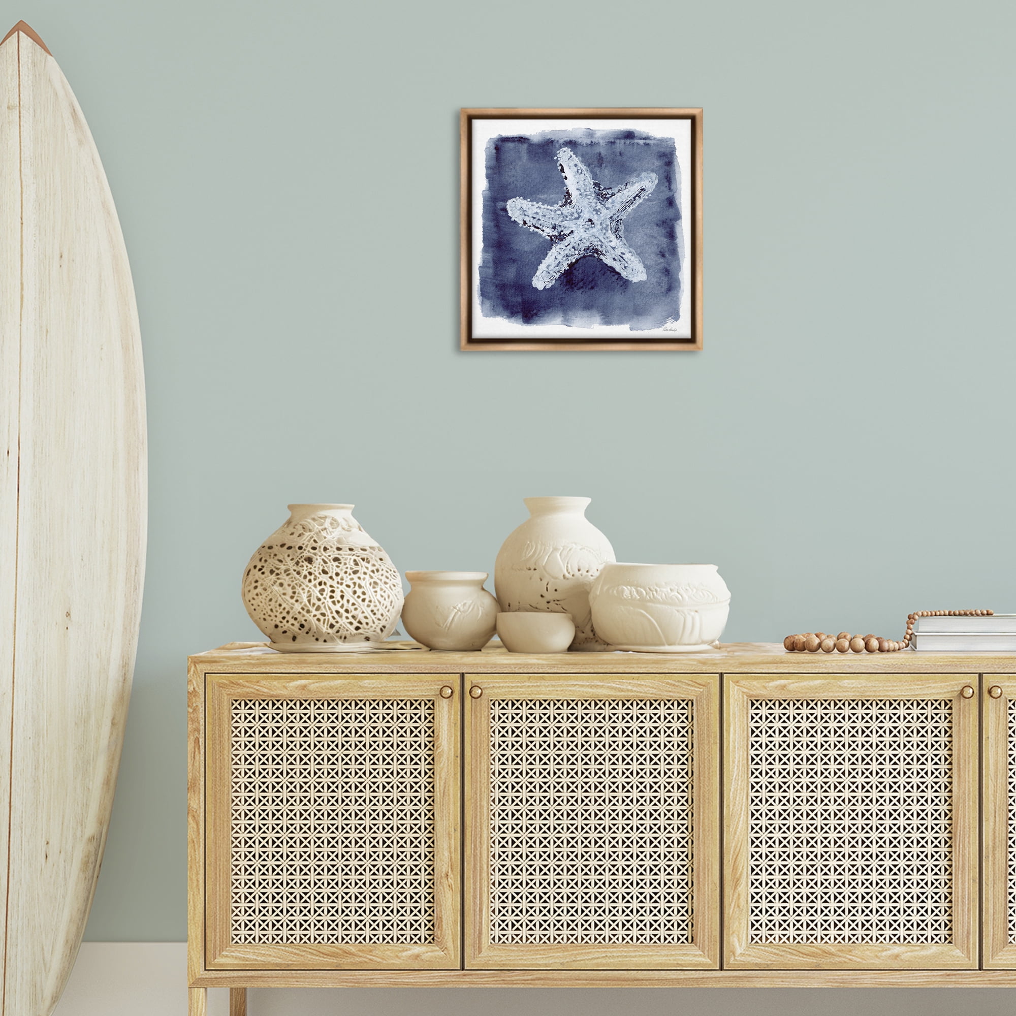 Stupell Industries Starfish Blue Impression Animals Painting Brown Floater Framed Canvas Art Print Wall Art, 18 x 18