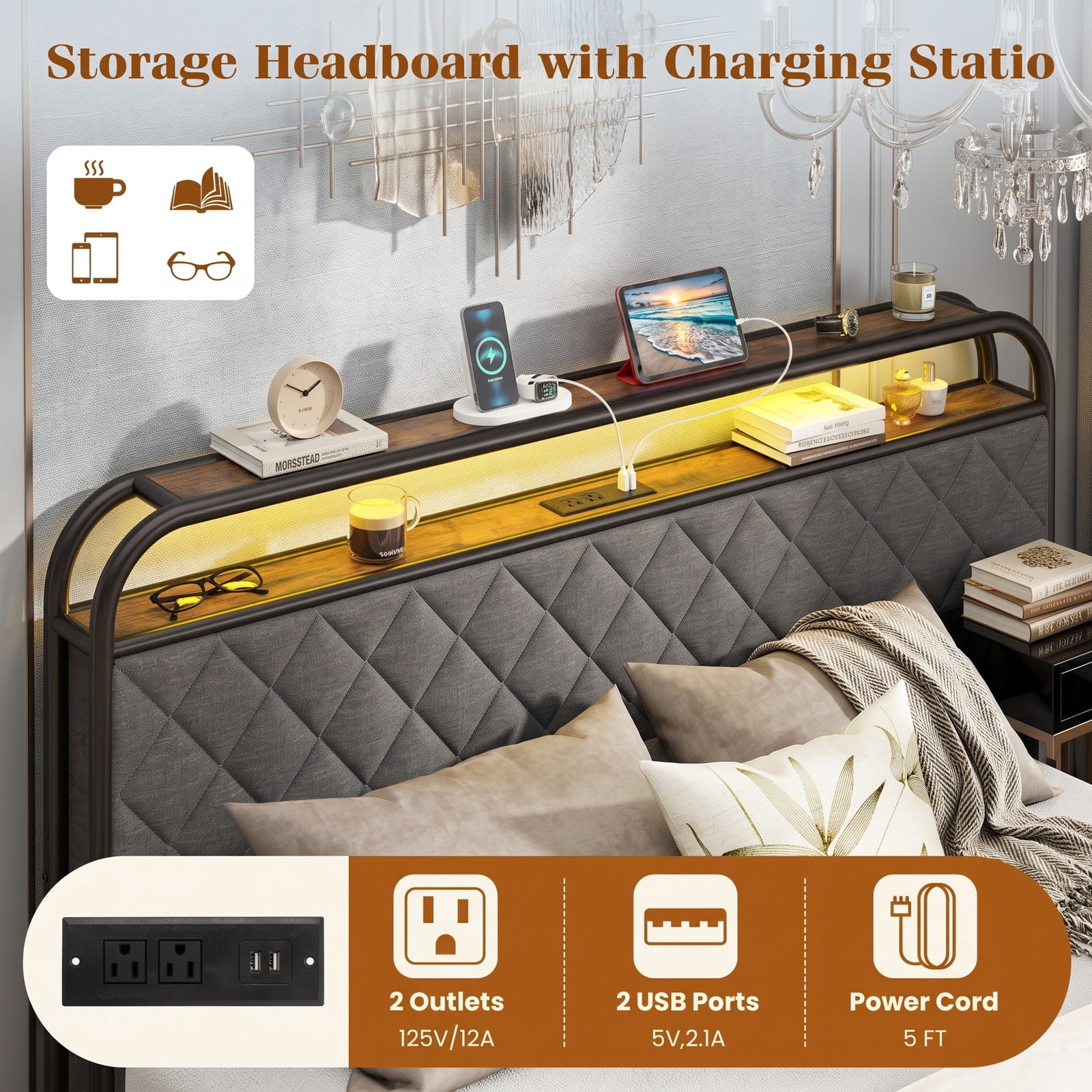 Furnibear Queen Size Metal Platform Bed Frame with LED Lights and 4 Storage Drawers with USB Charging Station for Bedroom, Gray