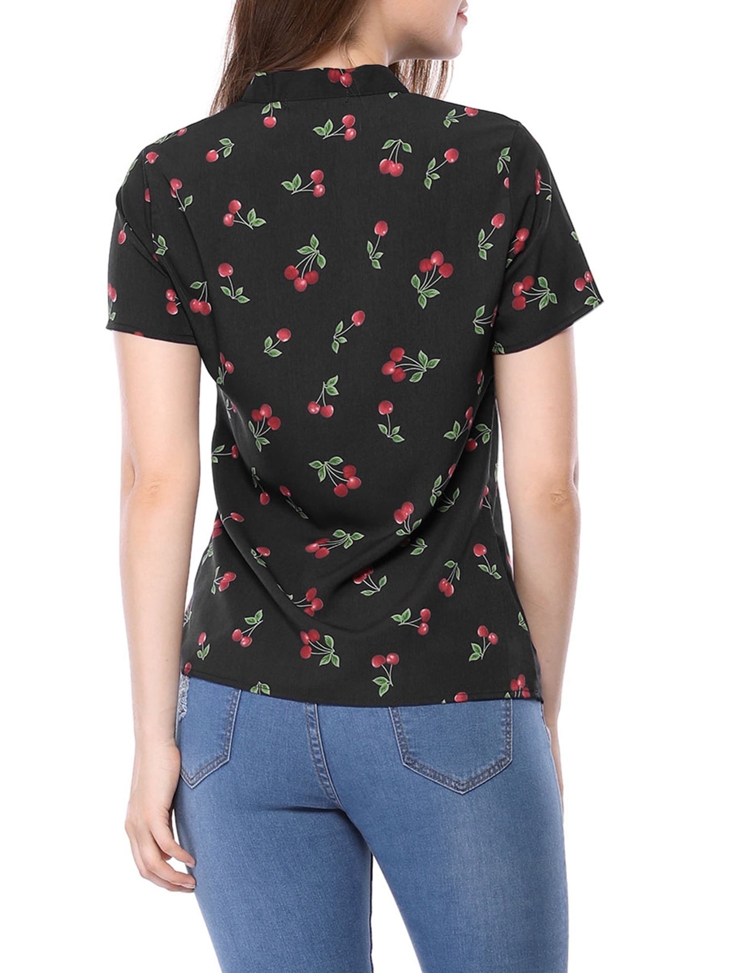 Unique Bargains Women's Cherry Printed Tie Bow Neck Short Sleeve Blouse Top Black-Cherry S
