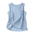 thumbnail image 3 of Women Cotton Linen Crew Neck Sleeveless Tank Top Solid Pocket Loose Casual Blouse 03-Blue M, 3 of 4