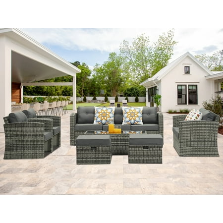 Superjoe 10 Pcs Outdoor Sectional Furniture Set Patio Rattan Sofas with Coffee Table Gray