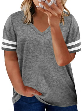 Aleumdr Womens Short Sleeve Blouse Cozy Plus Size Striped Tee Shirts Gray Summer Tops 18 20