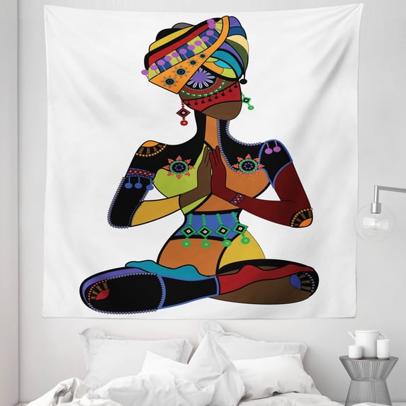 Yoga Tapestry, Woman in Style Costume Culture Enlightenment Grace, Fabric Wall Hanging Decor for Bedroom Living Room Dorm, 5 Sizes, Multicolor, by Ambesonne
