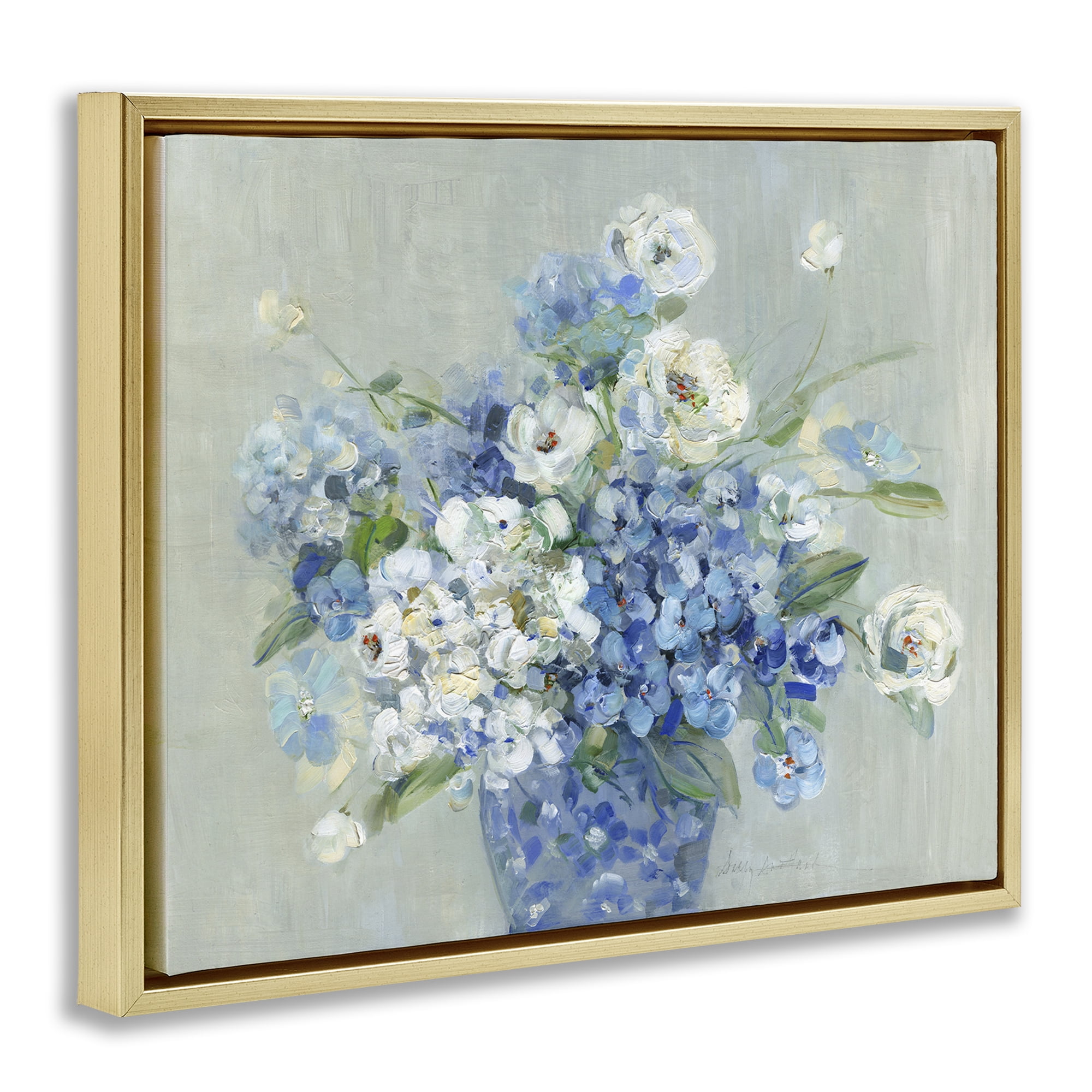 Stupell Industries Serene Blue And White Bouquet Gold Framed Floater Canvas Wall Art, design by Sally Swatland