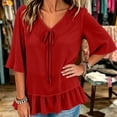 thumbnail image 7 of Tqcoqu Women's Solid Loose Flowy Casual Chiffon Blouse Top,V Neck Tie Front 3/4 Flared Bell Sleeve Ruffle Hem,Wine Women's S-XXXL, 7 of 7