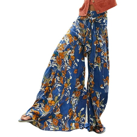 

Women Floral Printed Wide Leg Palazzo Lounge Pants with Pockets Loose Leisure Pajama Pants