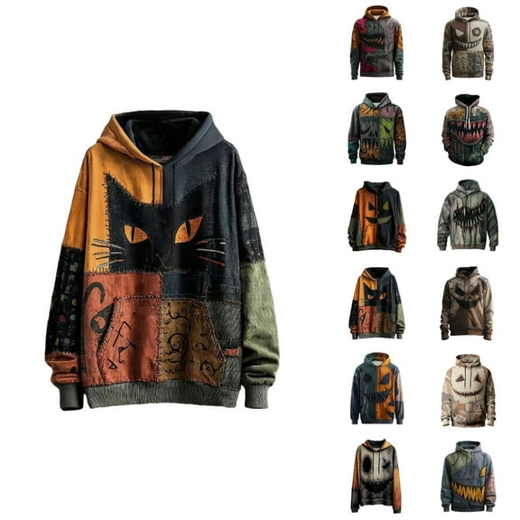 Halloween Hoodies for Men 2025 Funny Patchwork Graphic Hooded Sweatshirt with Pockets Halloween Pullover Tops