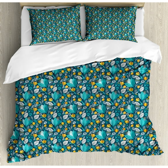 Ambesonne Floral Duvet Cover Set, Spring Growth Meadow Design, Calking, Dark Teal and Pale Orange