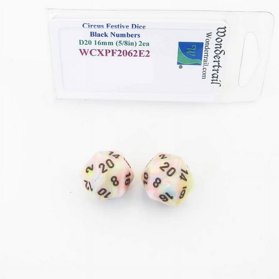 Circus Festive Dice with Black Numbers D20 Aprox 16mm (5/8in) Pack of 2 Wondertrail