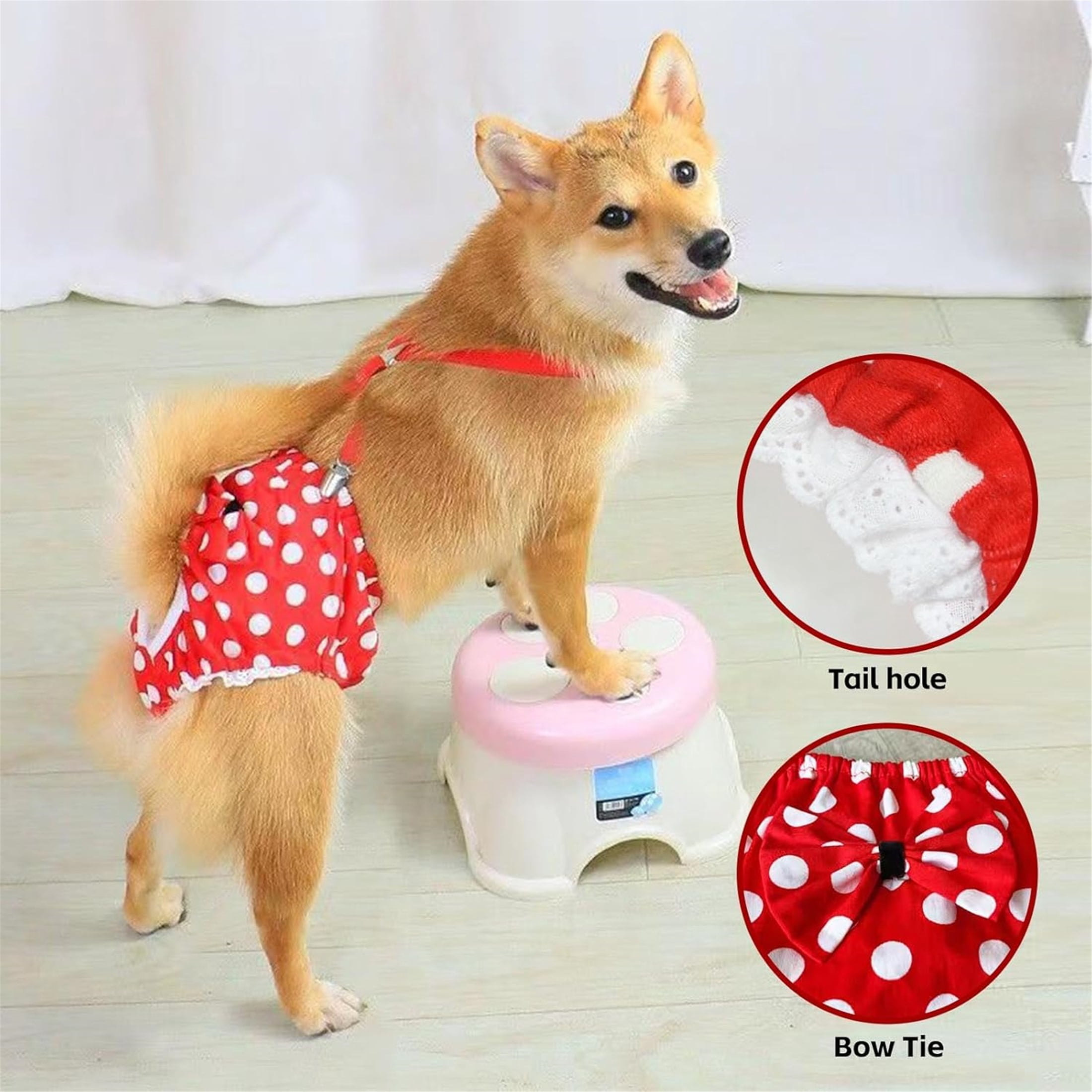 UOSIA Dog Diapers Female Dog Sanitary Panties with Adjustable Suspender Cute Wave Point,XS,Red Wave Point