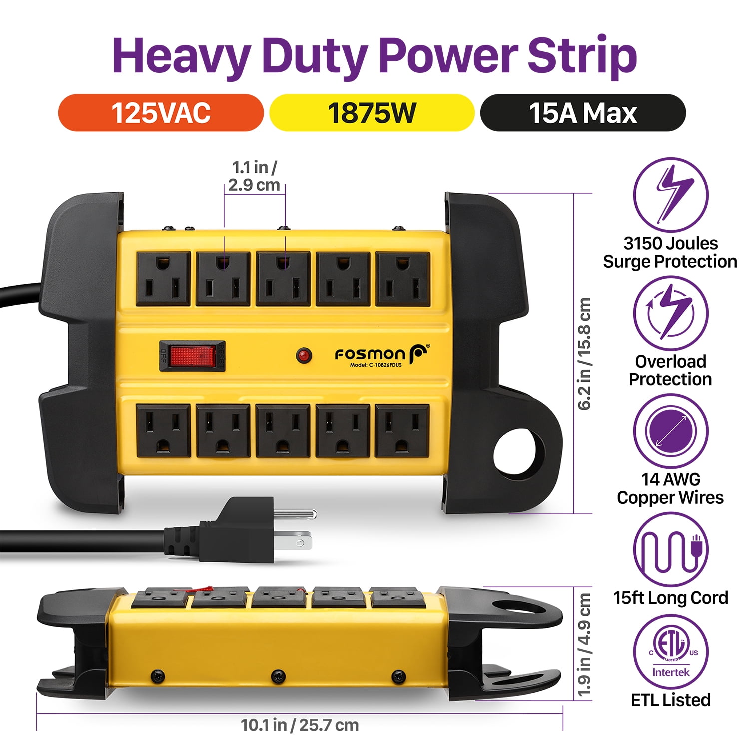 Fosmon 10-Outlet Extender Surge Protector Power Strip, 15ft Heavy Duty Extension Cord, 3150J Indoor Outdoor Surge Protector Extension Cord -ETL Listed