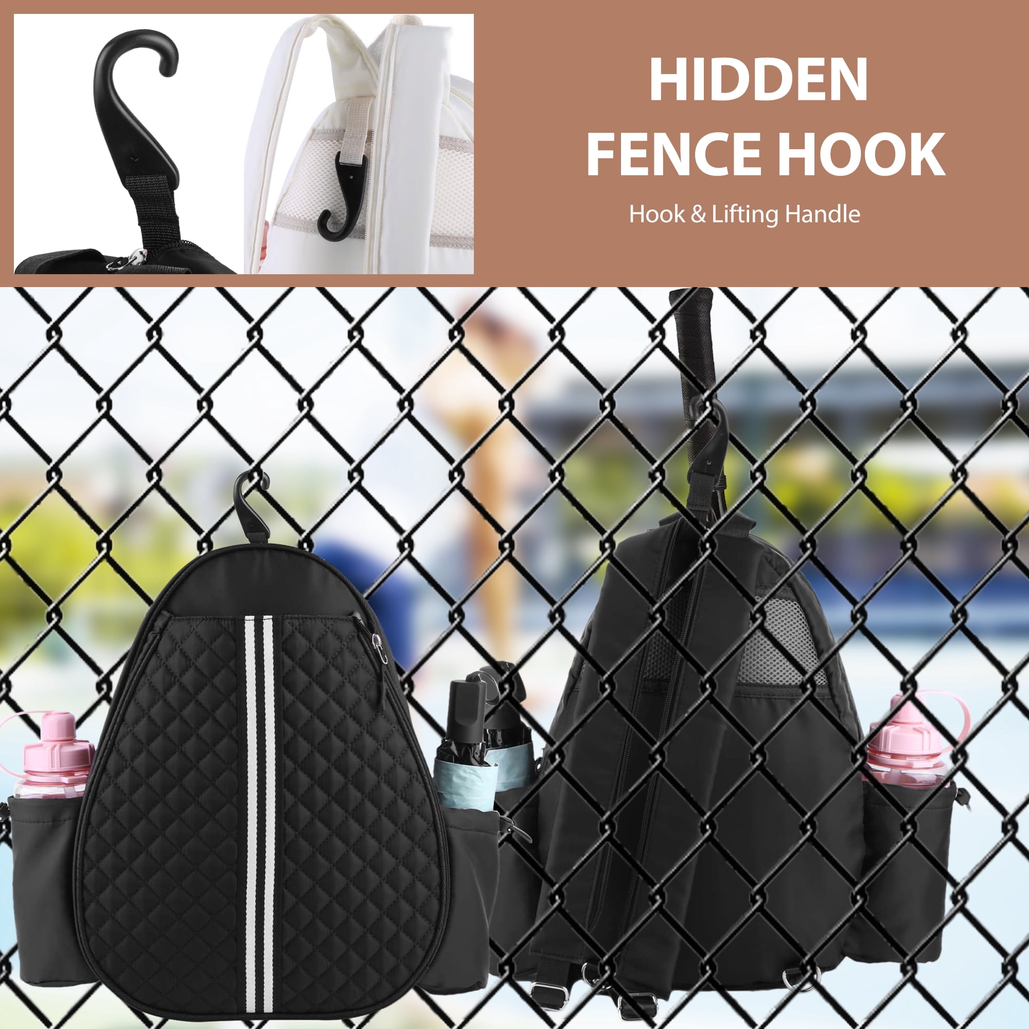 Yucurem Tennis Bag with Bottle Pockets, Quilted Tennis Sling Crossbody Backpack, Sport Storage Bag Suitable for Pickleball Badminton