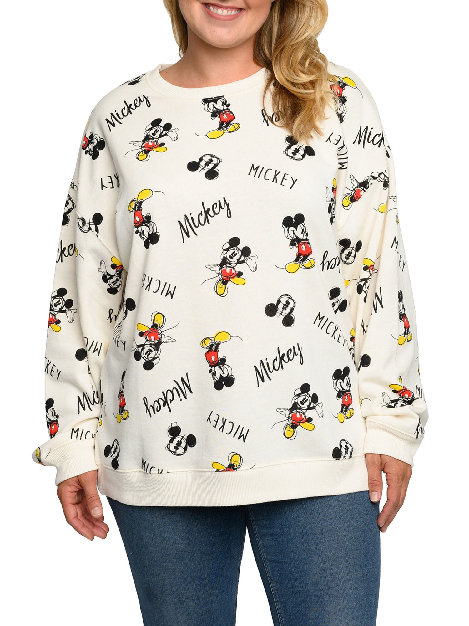 Disney Womens Plus Size Mickey Mouse Fleece Long Sleeve All-Over Sweatshirt