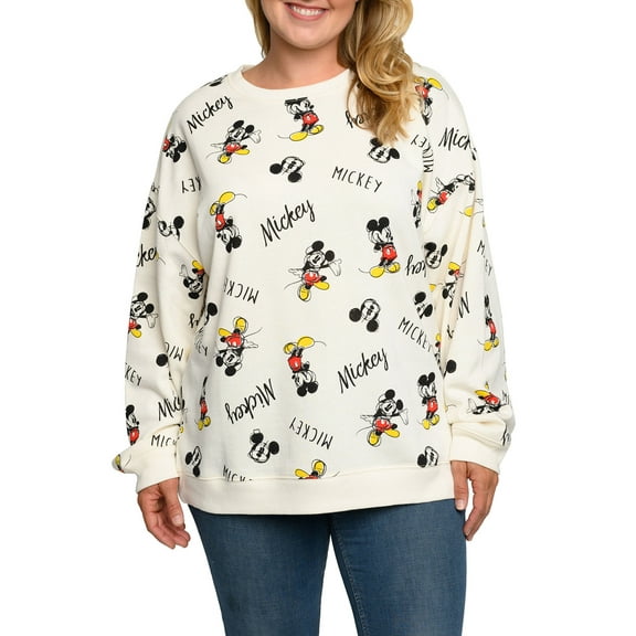 Disney Womens Plus Size Mickey Mouse Fleece Long Sleeve All-Over Sweatshirt