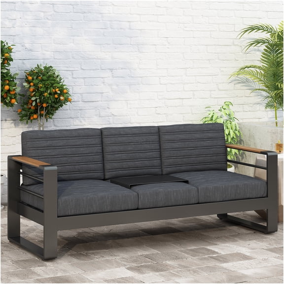 JERFIT 3-Seater Patio Sofa with Cushions, Outdoor Garden Bench Aluminum Frame Water-Resistant, Black