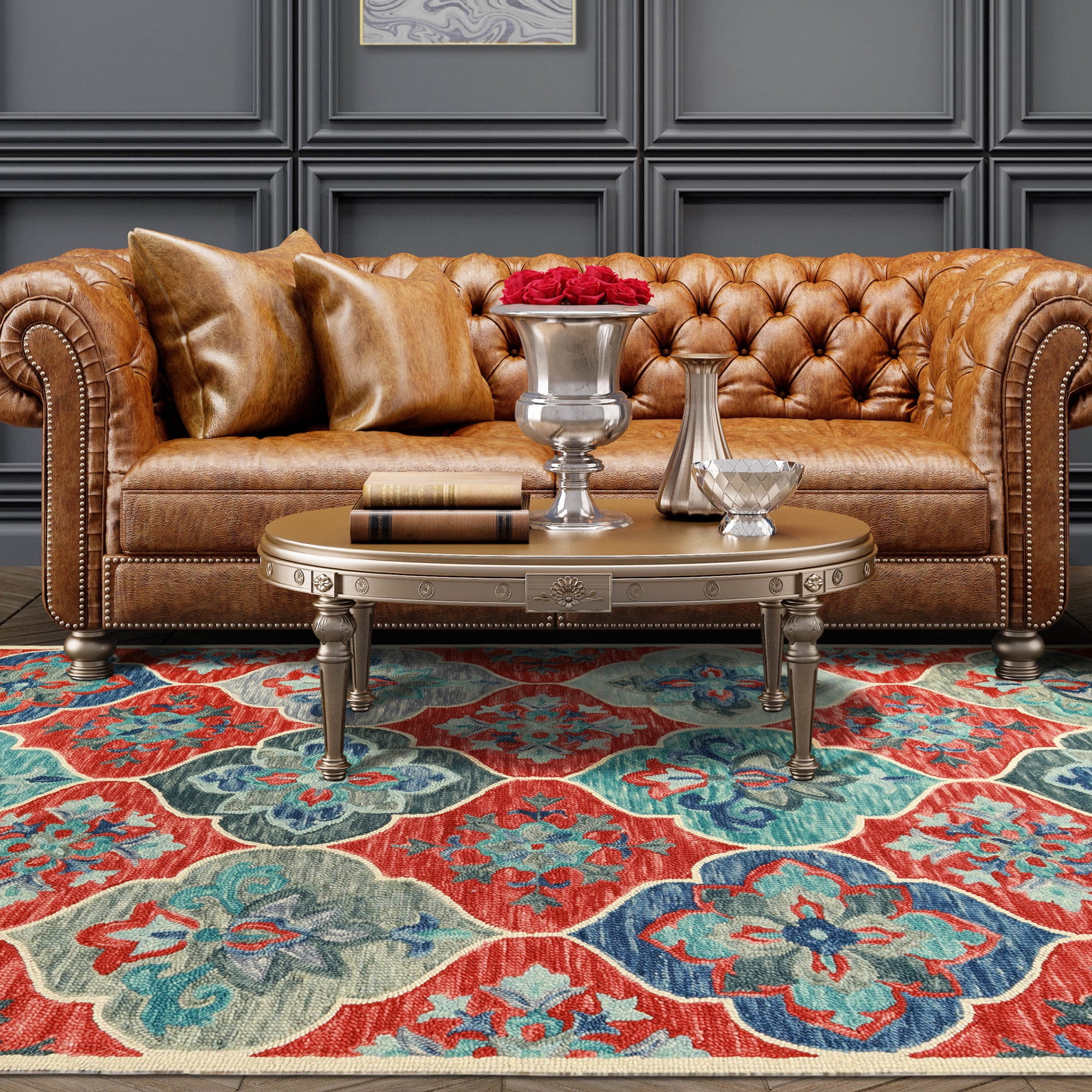 Geometric Floral Eclectic Modern Bohemian Handmade Wool Indoor Area Rug, Blue-Rust, 8' x 10'