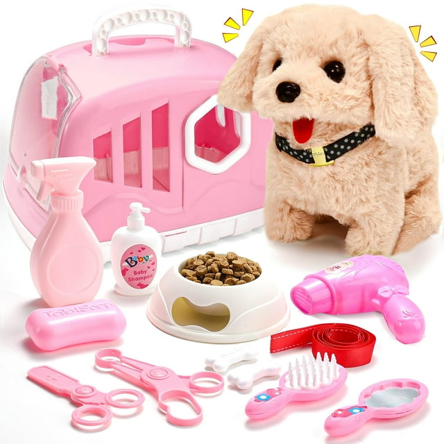 Cachorro de peluche Toy Volmop Dog con transportín y accesorios para niños