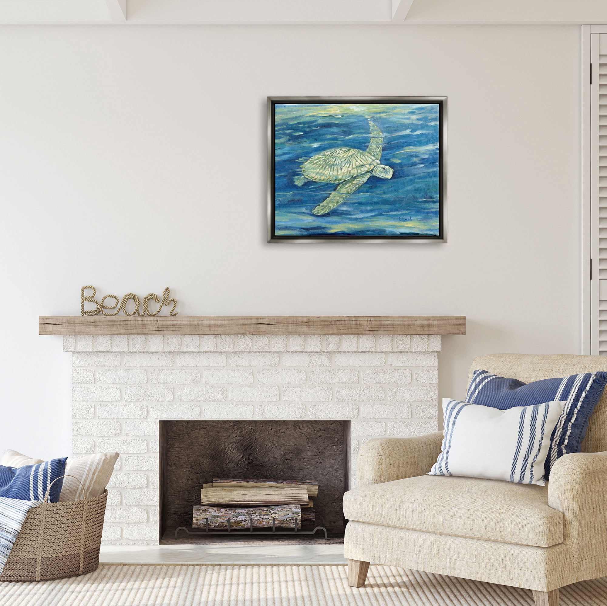 Stupell Industries Turtle Underwater Painting Animals & Insects Painting Gray Floater Framed Art Print Wall Art, 31 x 25