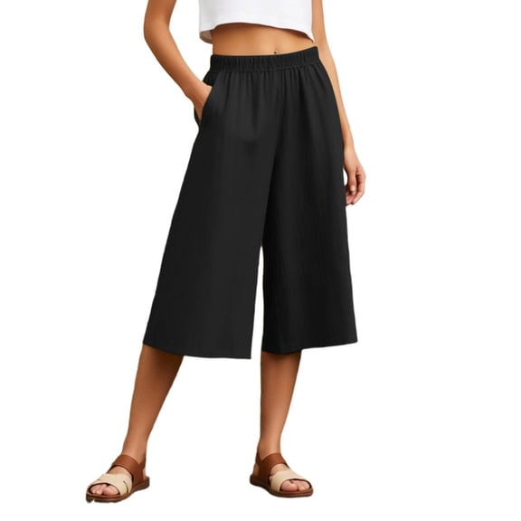 CAIVO Women Casual Cropped Wide Leg Pants Calf Length Summer Linen Blend Loose Fit Comfortable Elastic Waist Solid Color Trendy Trousers