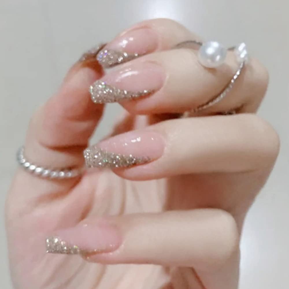 French Press on nails - Glitter Pink False naols Cute Fake nails Acrylic False nails for Women and Girls