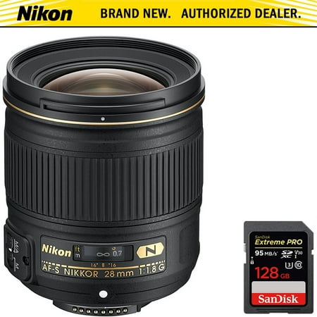 Nikon (2203) AF FX Full Frame NIKKOR 28mm f/1.8G Compact Wide-angle Prime Lens w/ Auto Focus + Sandisk Extreme PRO SDXC 128GB UHS-1 Memory (Best Wide Angle Prime Lens For Nikon Fx)