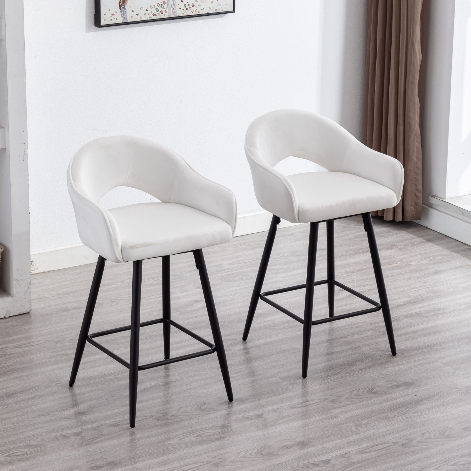 27" Modern Swivel Bar Stools Set of 2, Velvet Counter Height Stools with Metal Legs, Hollow Curved Backrest for Kitchen Island, Home Bar, Bistro, Cream White