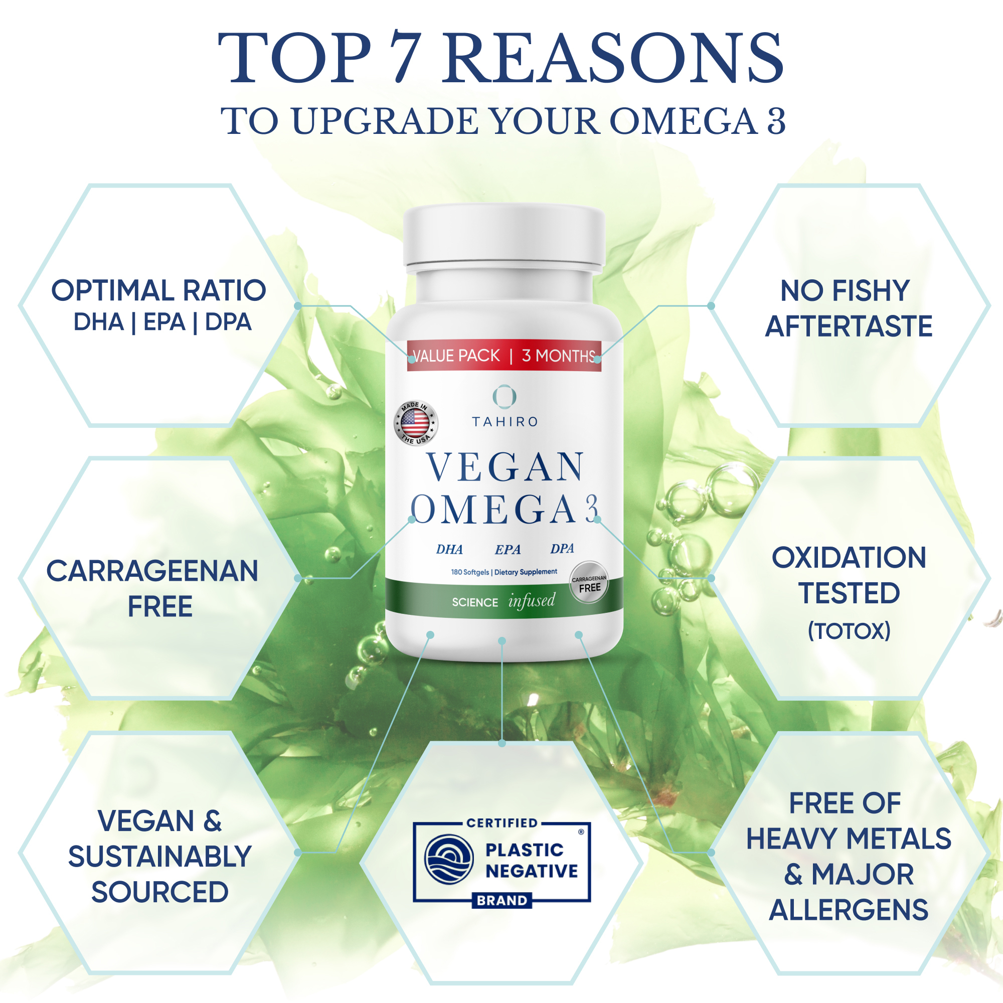 Tahiro Vegan Omega-3 Softgels. Serving Size 1000mg Includes DPA , DHA & EPA Plant Based Supplement. Nutrients for Men, Women, Kids, and Pregnant Women.