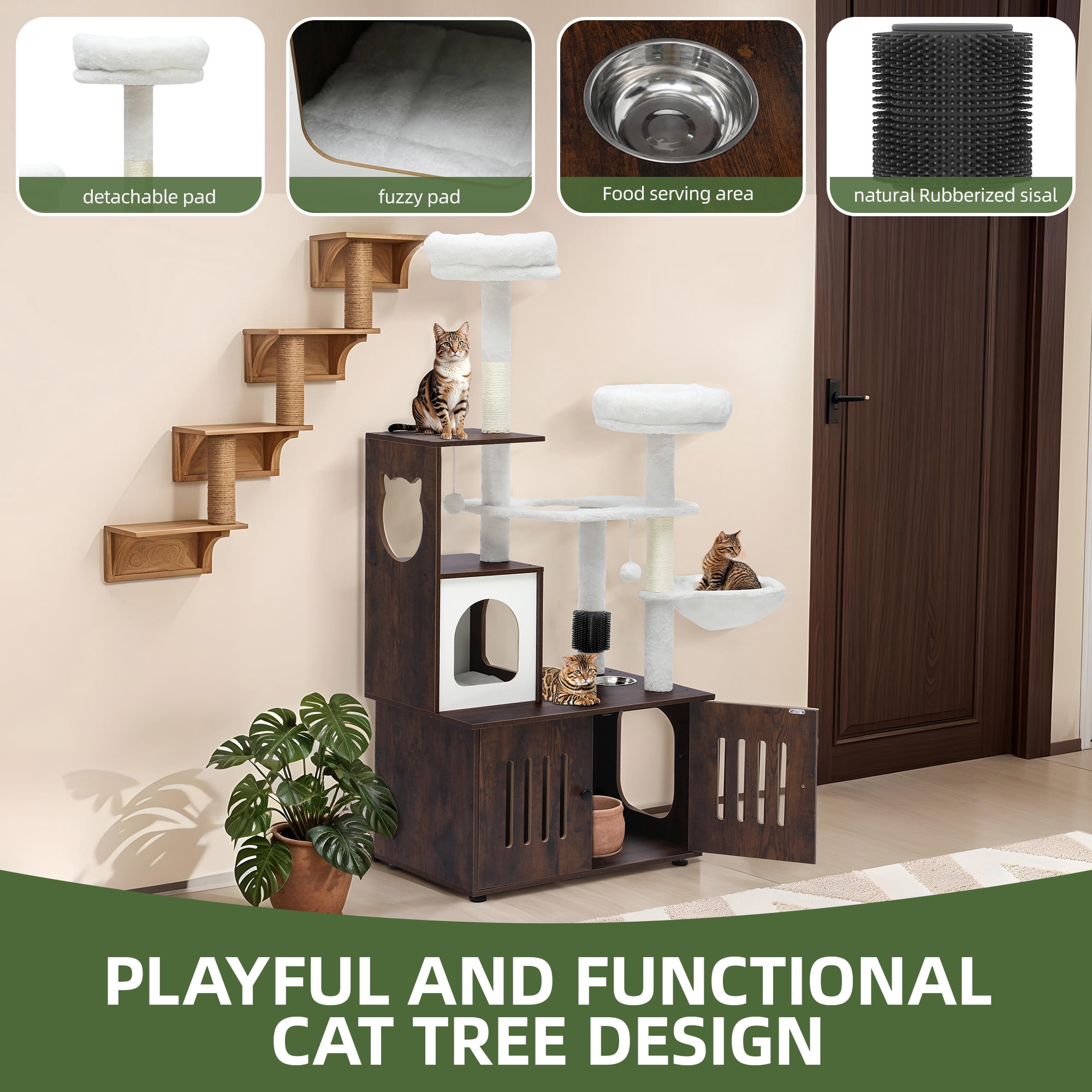 Uforic 2-in-1 Cat Tree with Litter Box Enclosure,59" Modern Cat Condo with Scratching Posts & Hammocks, Rustic Brown