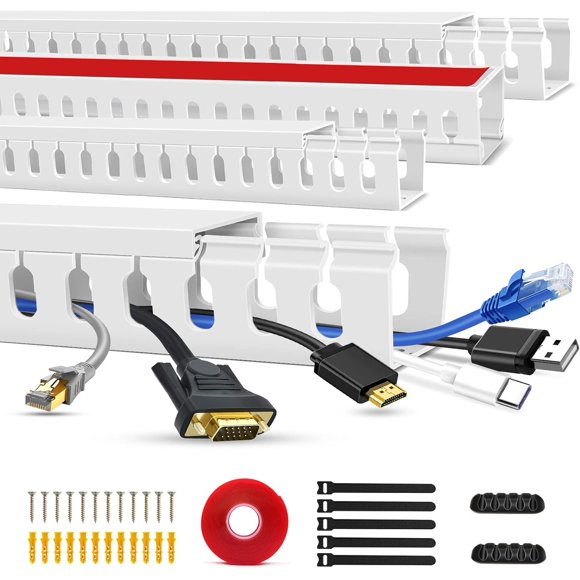 ERSHI-Cable Duct Management Raceway Kit, 62.8" (4 x 15.7) Server Rack Management, Hide Network HDMI VGA Cables, Open Slot Track Desk Wire Channel, White 4 Pack