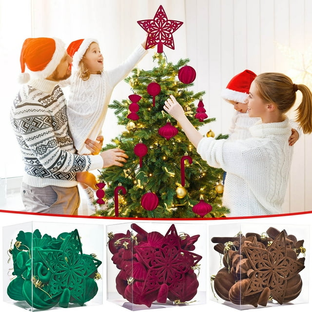 Juego de 24 Bolas Navideñas Irregulares Aterciopeladas con Estrella para La Punta Del Árbol | Adornos de Plástico para Decorar El Árbol de Navidad | Acabado Aterciopelado | Variedad de Tamaños y Dise