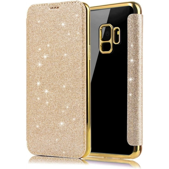 case for Samsung Galaxy S22 S21 S20 S10 S9 S8 Ultra Plus Phone Case, Sparkly Comcase fortable PU Top Cover Soft Clear TPU Back Cover with Card Holder, Full Wrap-Around Bumper(Gold,S10 Plus)
