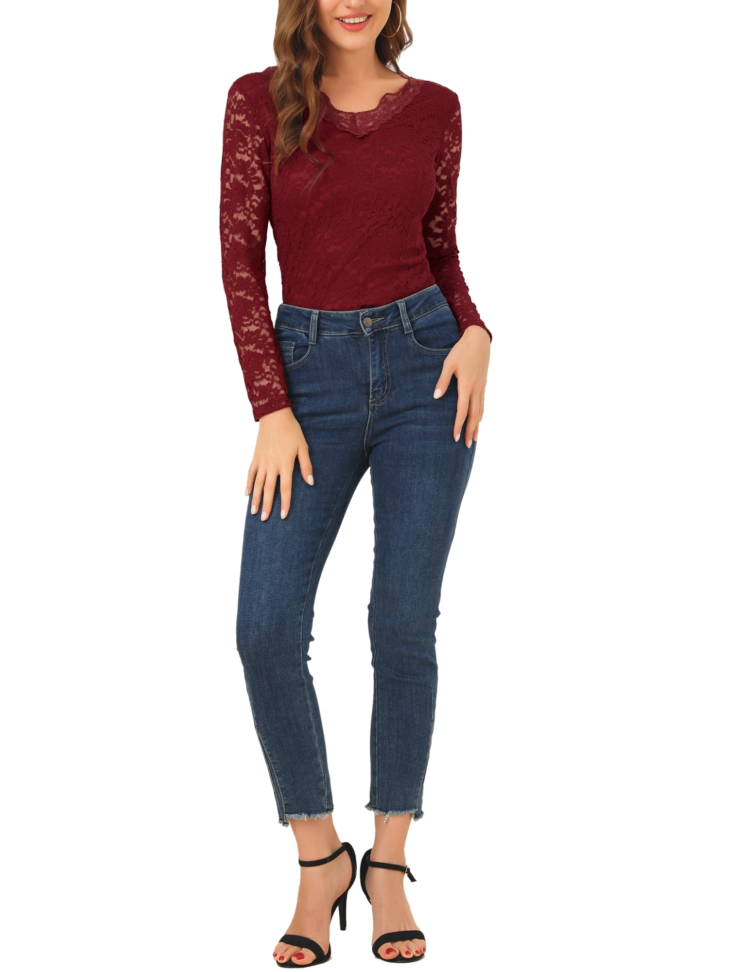 DARING DIVA Floral Lace Shirt Lace Scalloped Trim Blouse M Burgundy