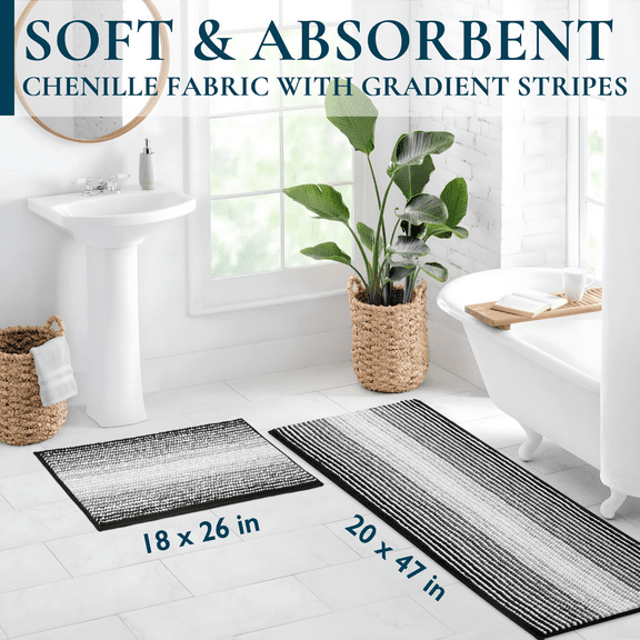 ComfiTime Bathroom Rug Set, 18" x 26" & 20" x 47", 1500GSM Slip-Resistant Chenille Bath Mat for Tub, Bathroom Floor, Machine Washable, Ultra Absorbent, Small or Long, Black, Gray, Blue, Green & Brown
