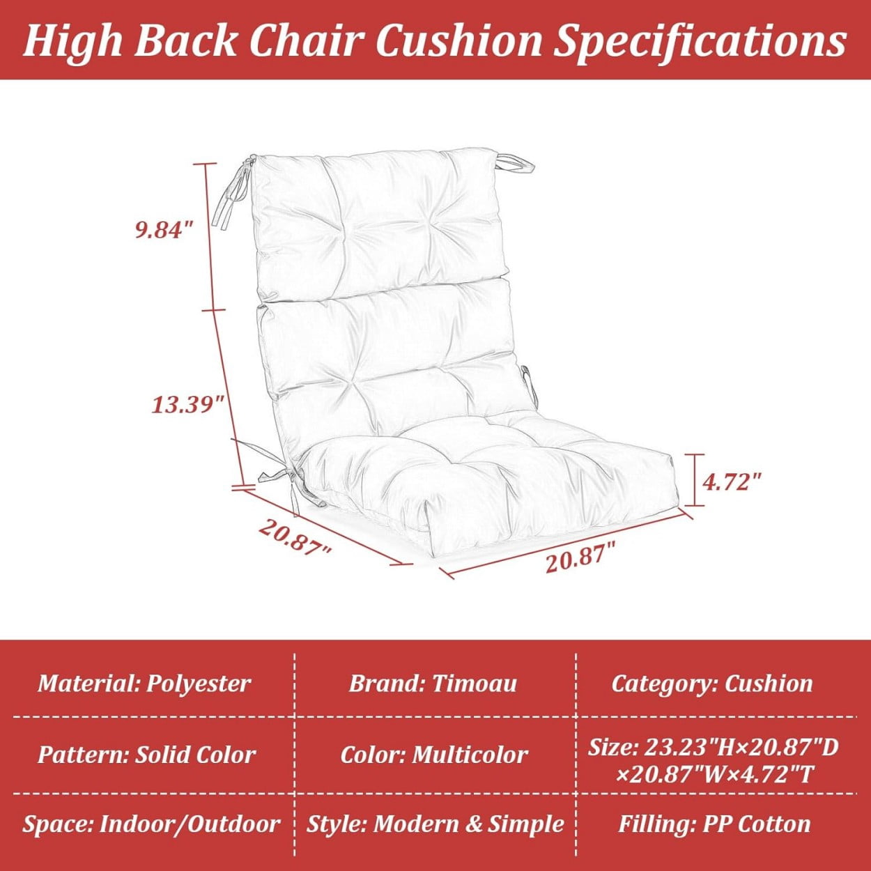 Outdoor Patio Chair Cushion, High Back Chair Cushion with String Ties, Spring/Summer Seasonal All Weather Replacement Rocking Chair Cushion, Adirondack Chair Cushion