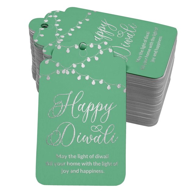 Inkdotpot Real Silver Foil Happy Diwali Tags Favor Hang Paper Tags 100 Pack