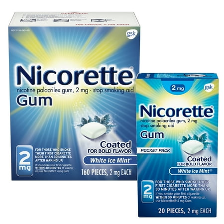 [160 + FREE 20 ct] Nicorette 2mg Nicotine Gum, Stop Smoking Aids, White Ice Mint