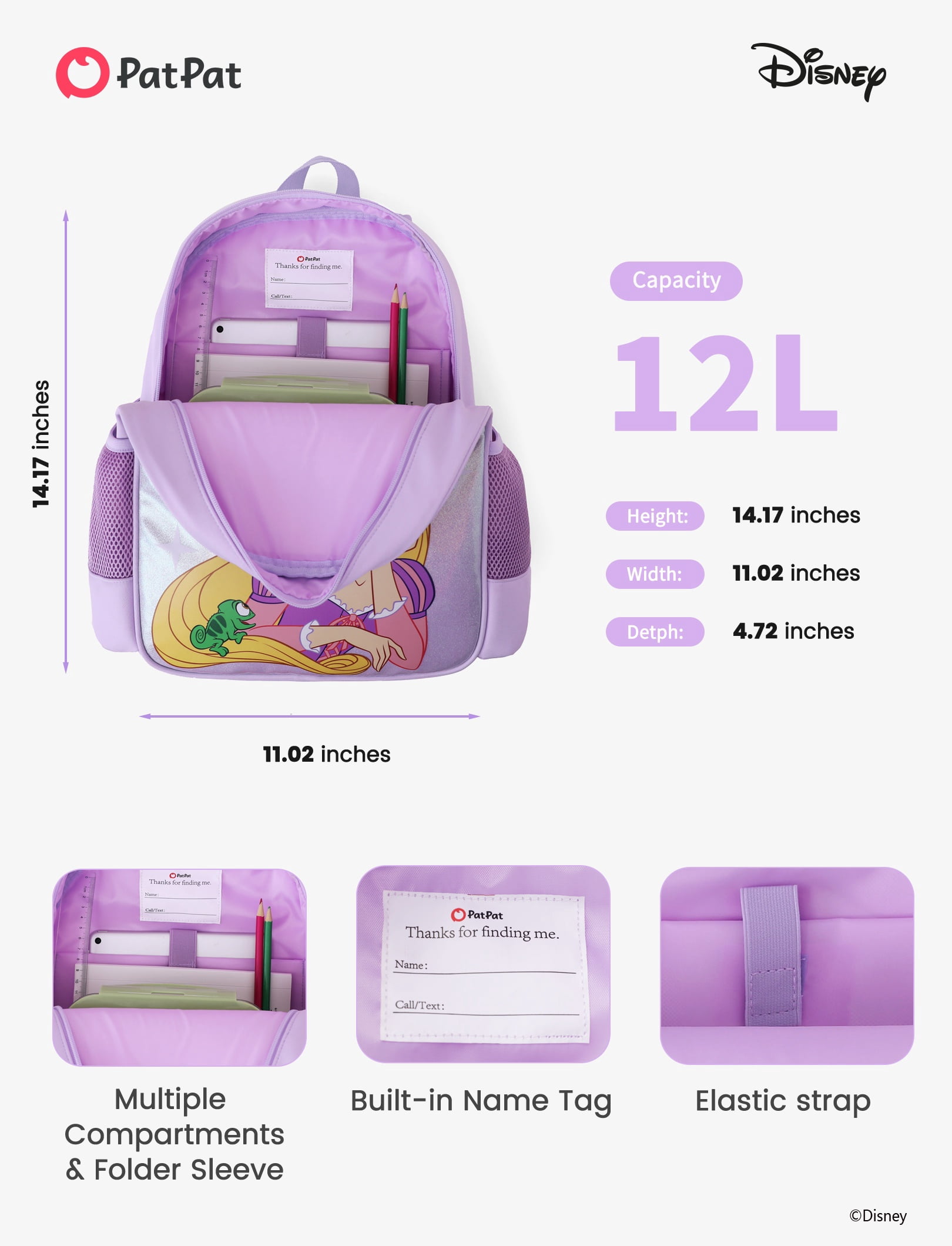 Disney Princess Rapunzel Girls Cute Backpack Water Resistant Toddler Backpack School Kids Elementary Bookbag