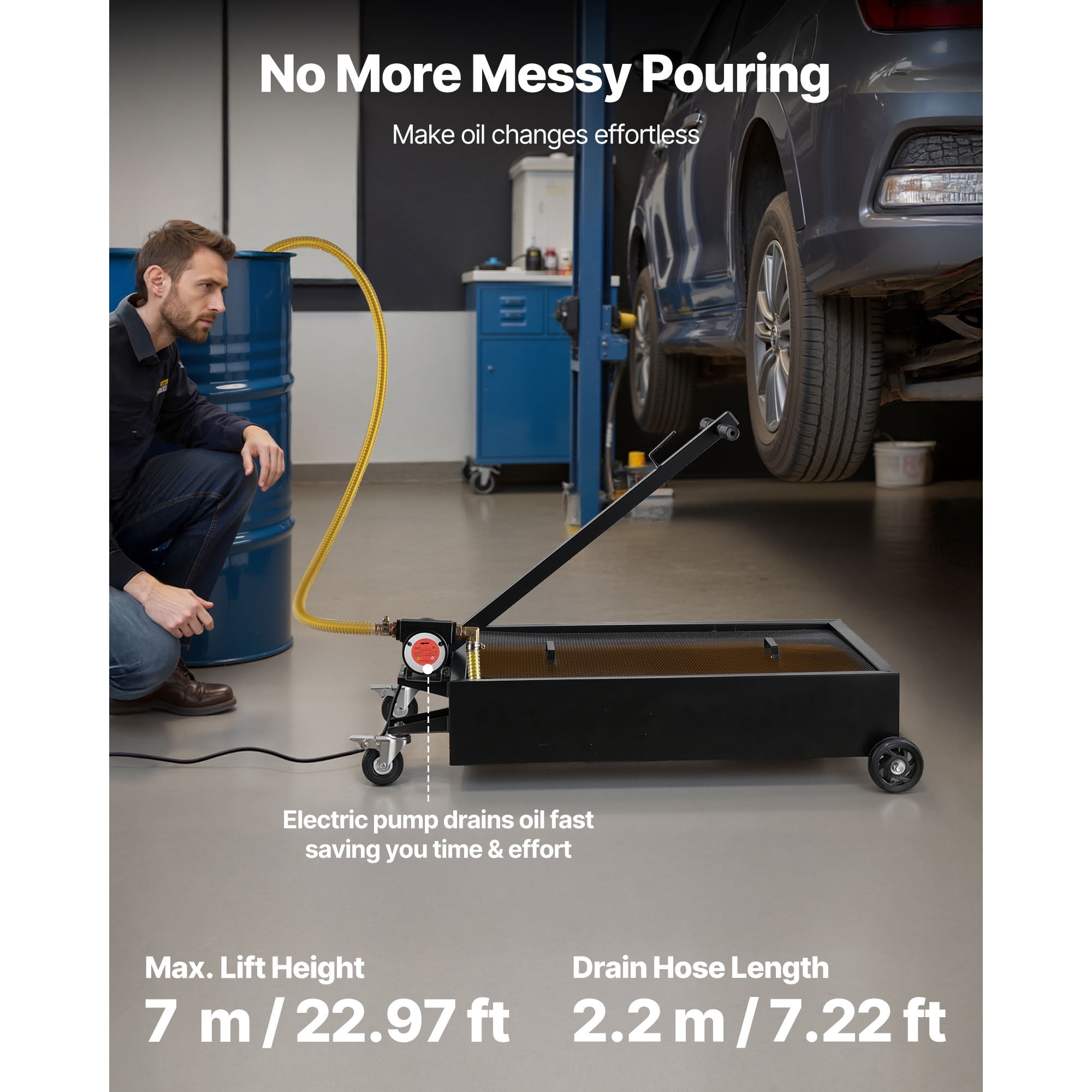 KFFKFF 15-Gallon Low Profile Oil Drain Pan with Electric Pump, Rolling Design, Leak-Resistant and Durable, Compatible with Cars, SUVs, Trucks, Motorcycles, and ATVs